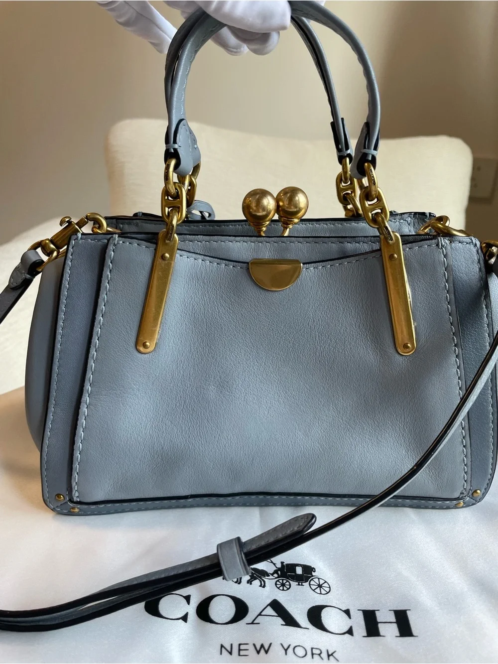 Coach Kisslock Dreamer 21 Blue Leather Satchel with Gold Hardware with Card